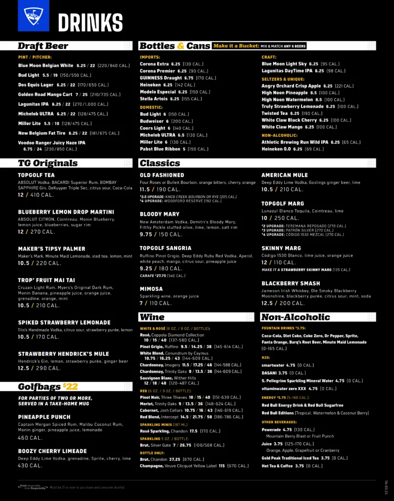 Topgolf West Chester Drinks Menu