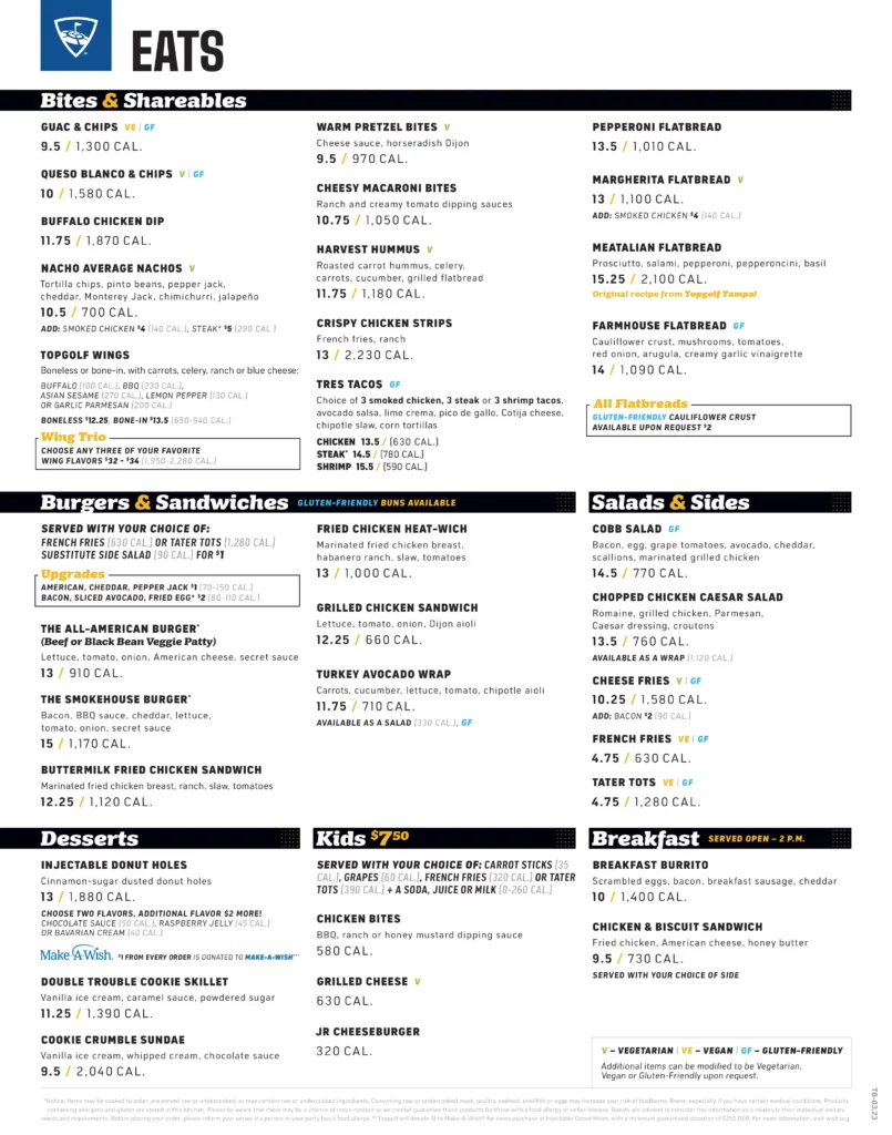 Topgolf Lake Mary Food Menu