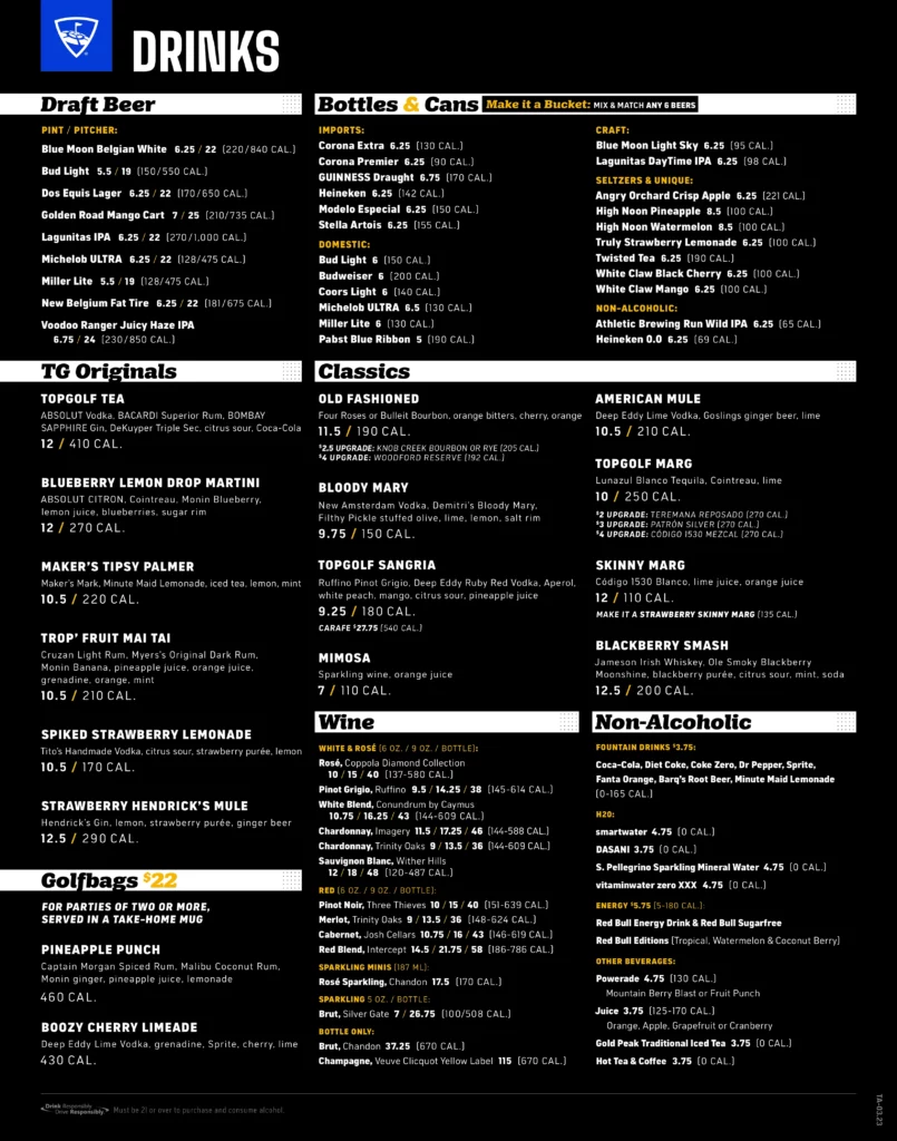 Topgolf Charlotte University Drinks Menu With Price