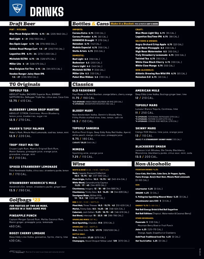 Topgolf Loudon Drinks Menu Prices