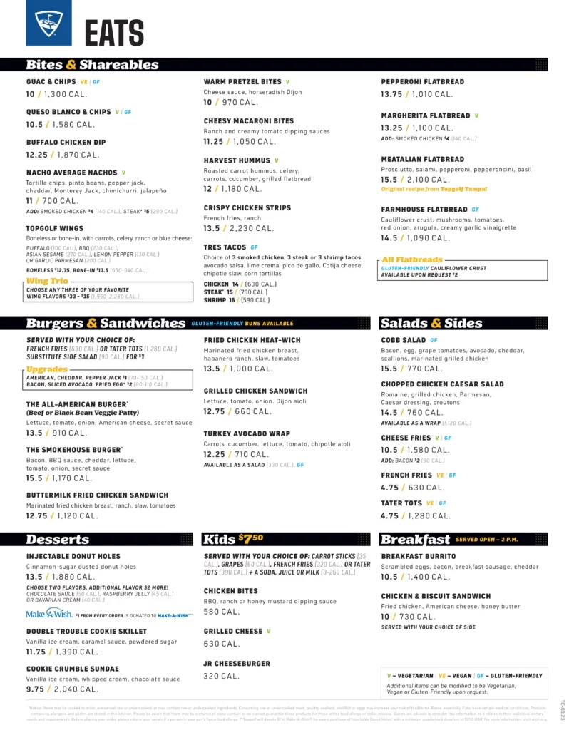 Topgolf Edison Food Menu