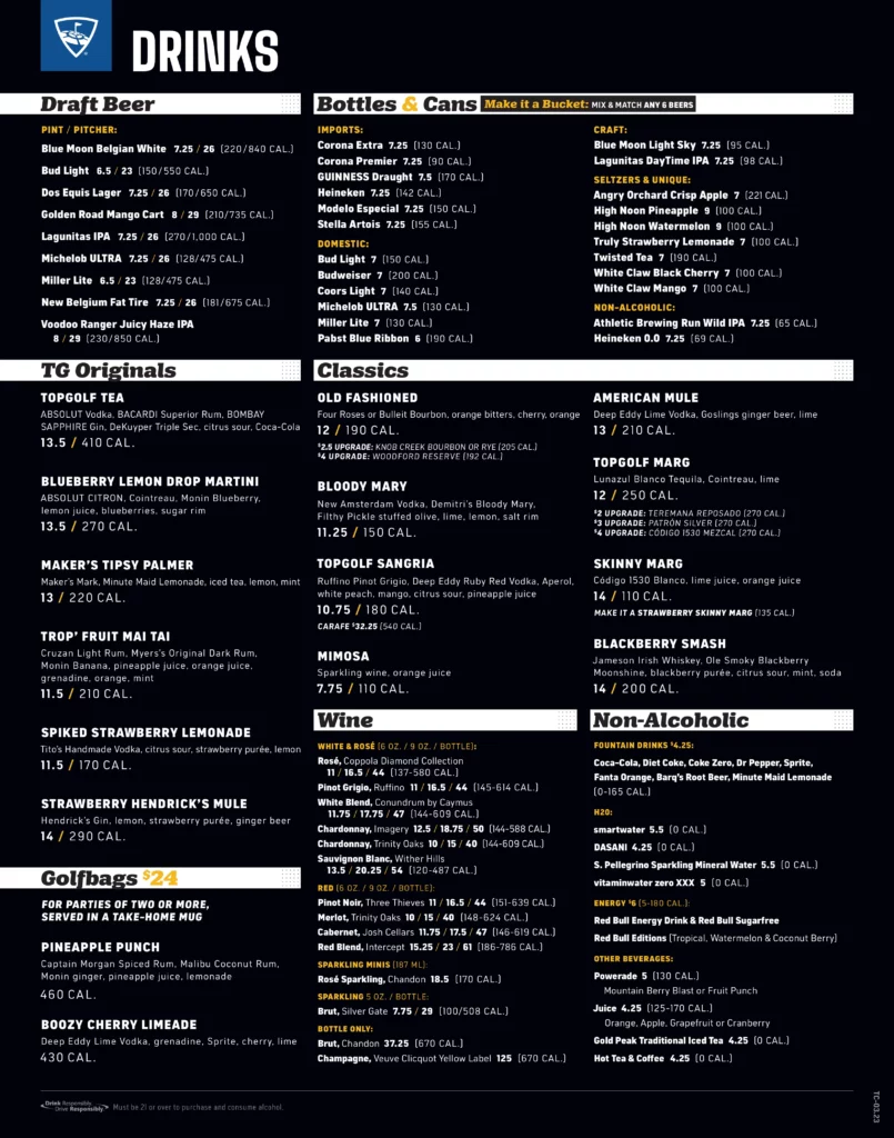 Topgolf Edison Drinks Menu