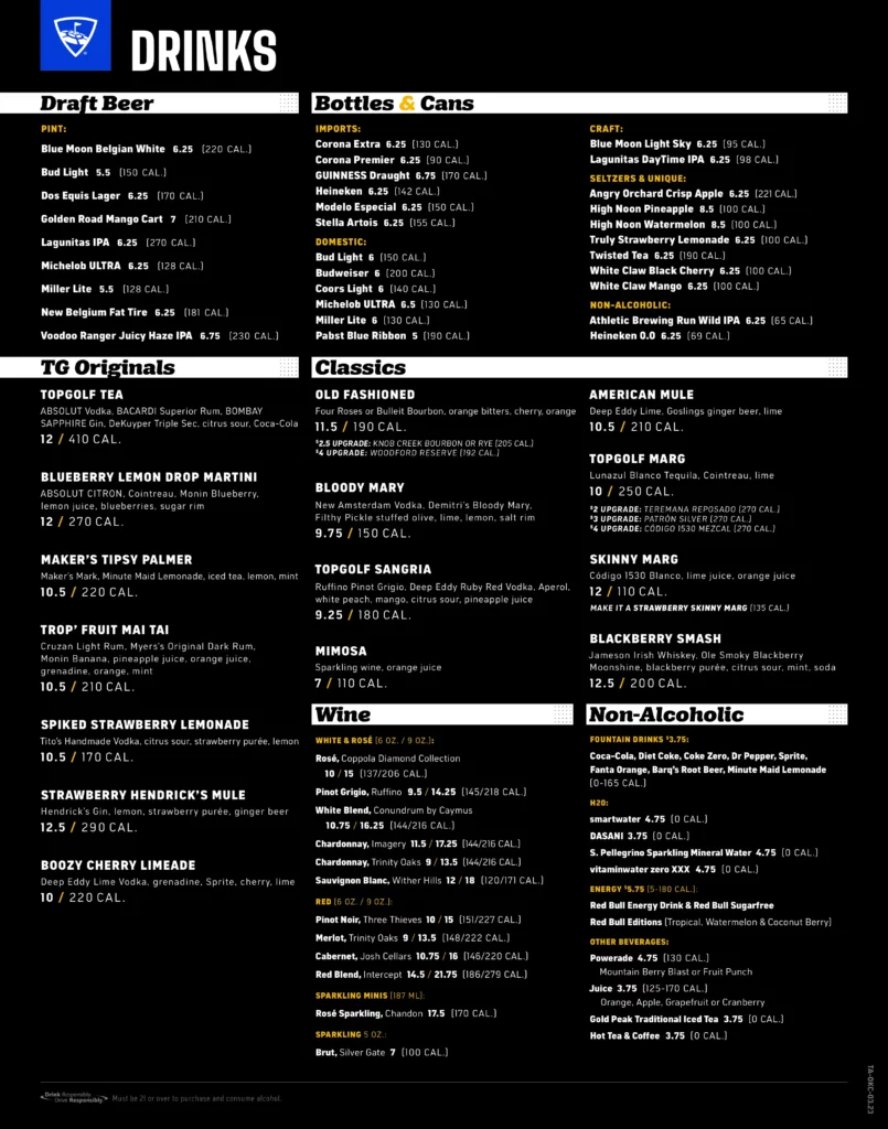 Topgolf Oklahoma City Drinks Menu