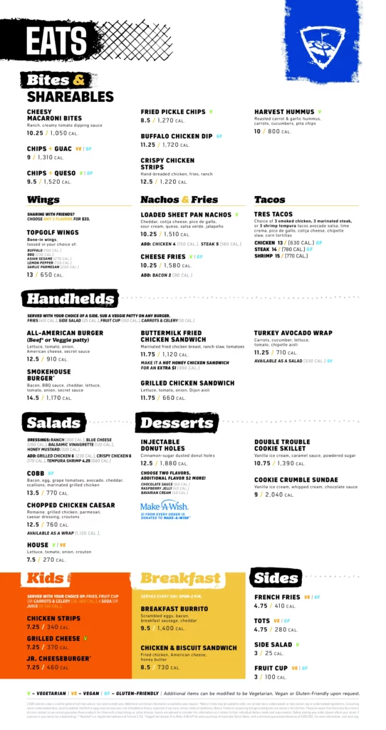 Topgolf Augusta Food Menu