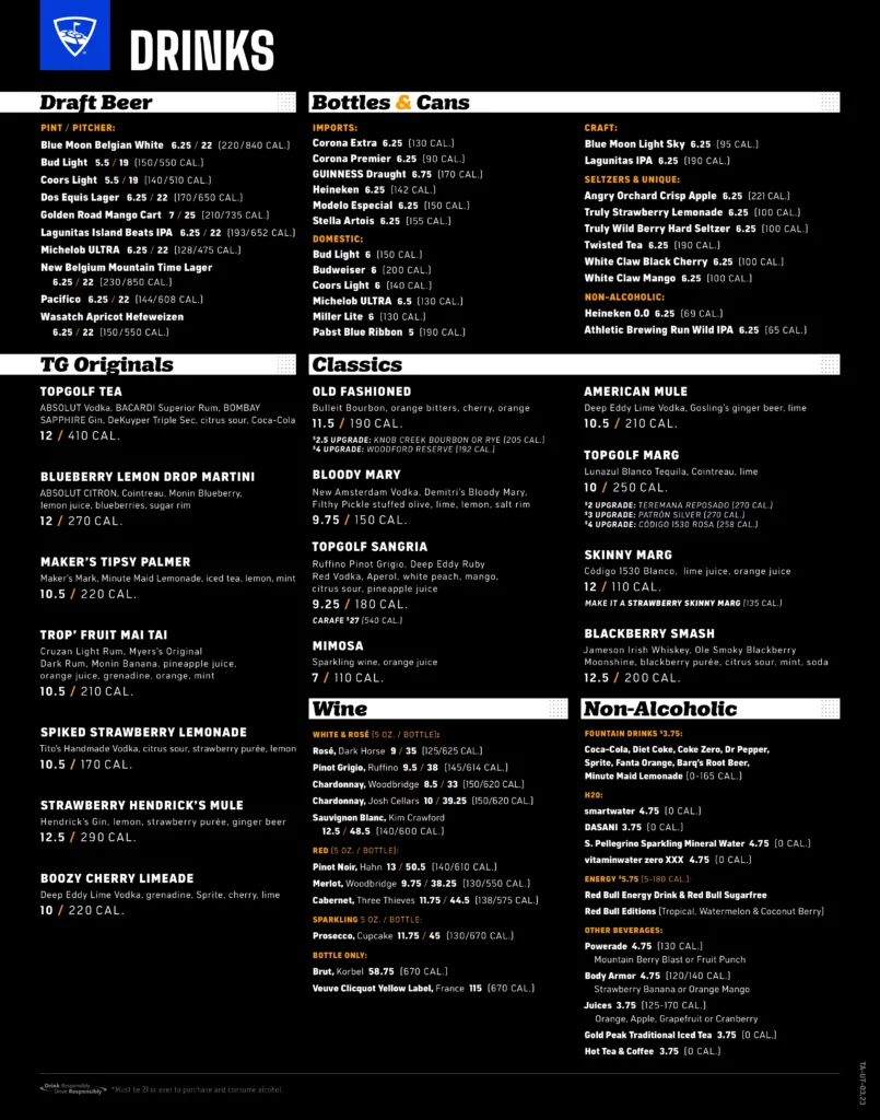 Topgolf Vineyard Wine Beer & Other Drinks Menu Prices