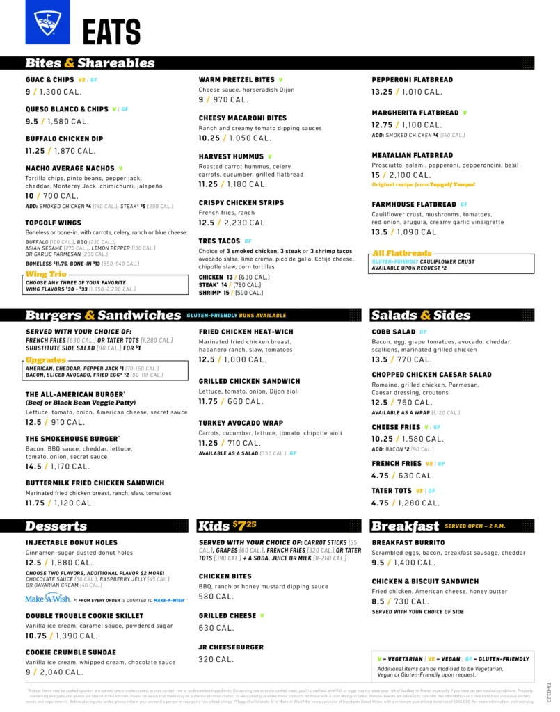 Topgolf Charlotte Southwest Food Menu