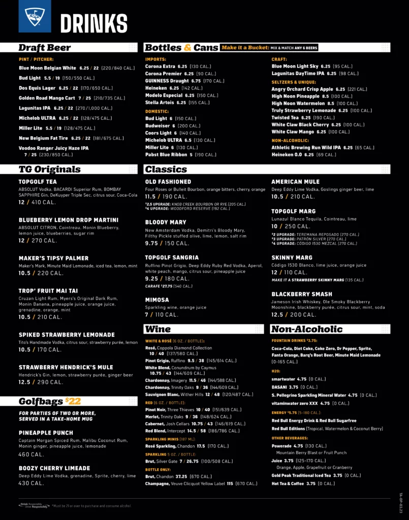 Topgolf Overland Park Drinks Menu