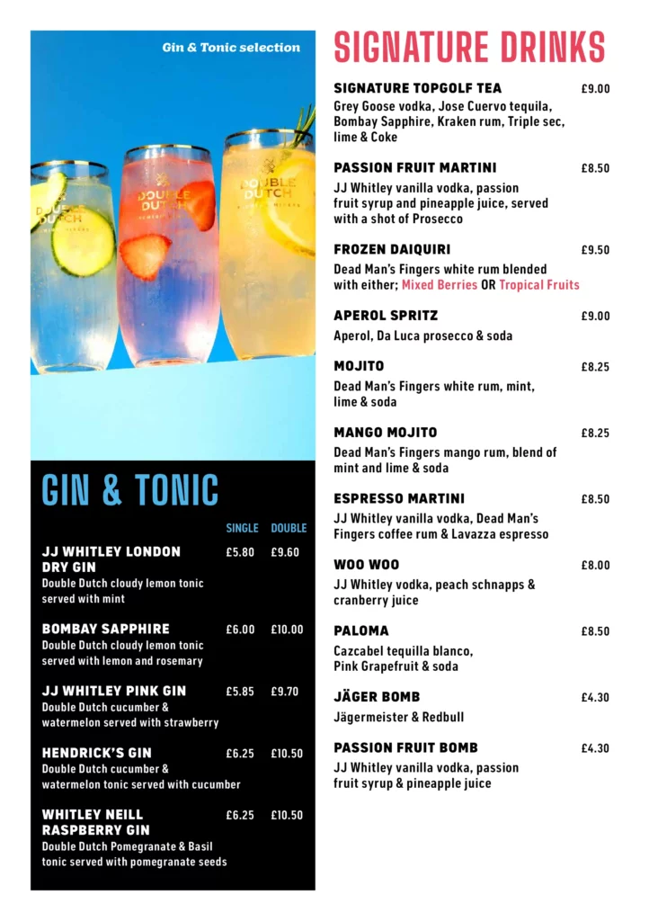 Topgolf Watford Signature drinks, gin & tonic