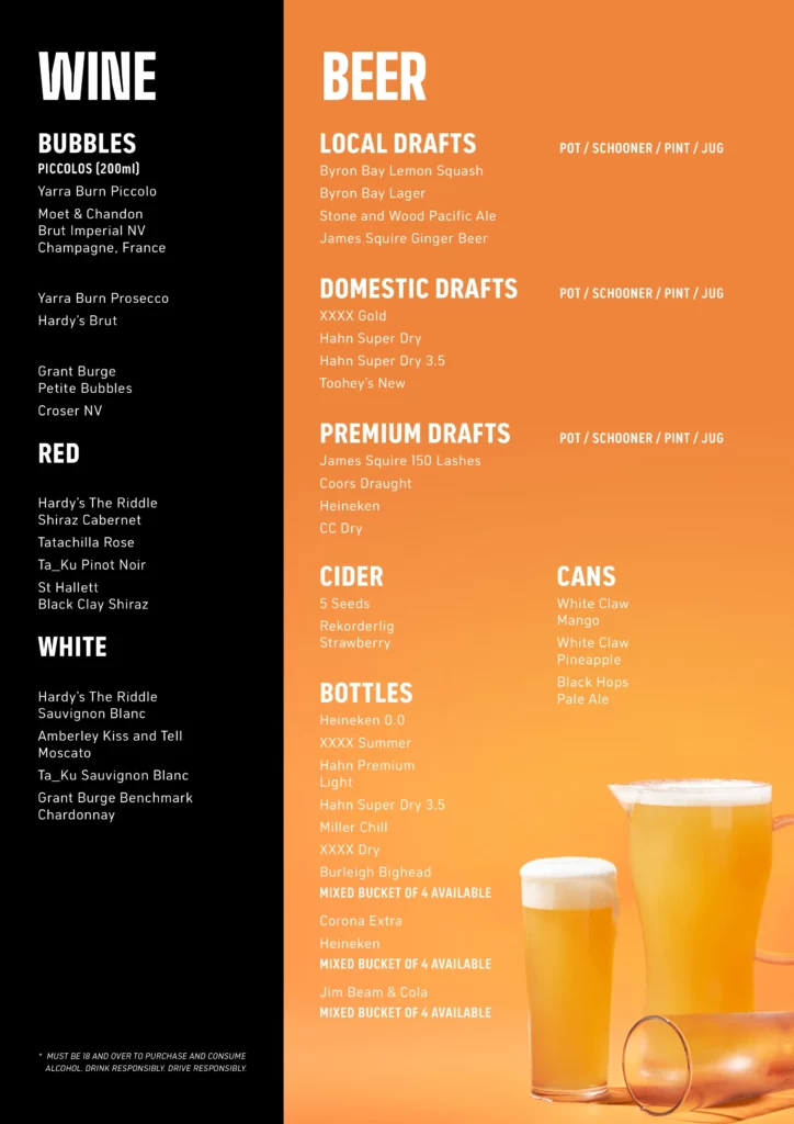 Topgolf Gold Coast wine & beer menu list